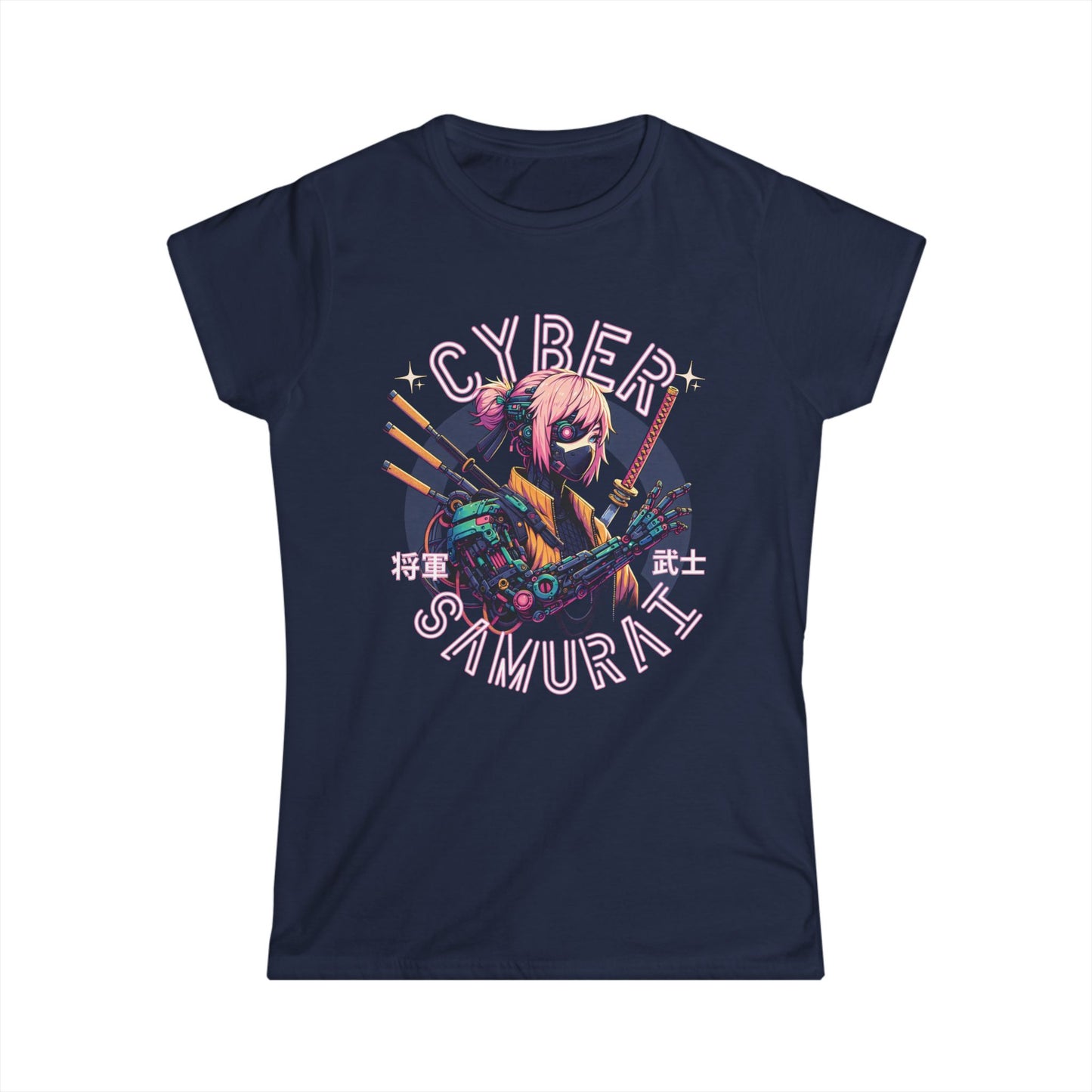 Navy blue t-shirt with 'Cyber Samurai' graphic design on a white background