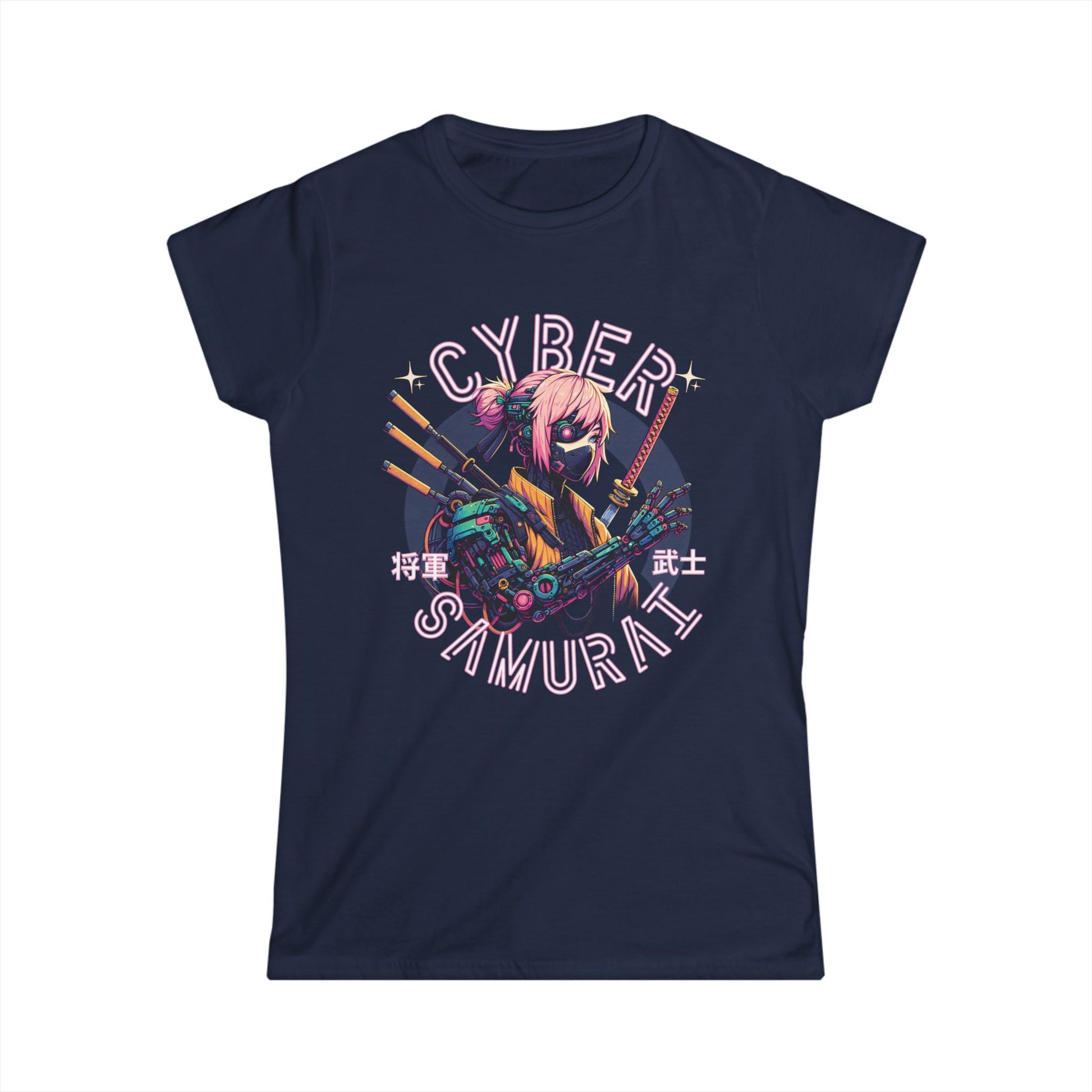 Navy blue t-shirt with 'Cyber Samurai' graphic design on a white background