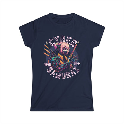 Navy blue t-shirt with 'Cyber Samurai' graphic design on a white background