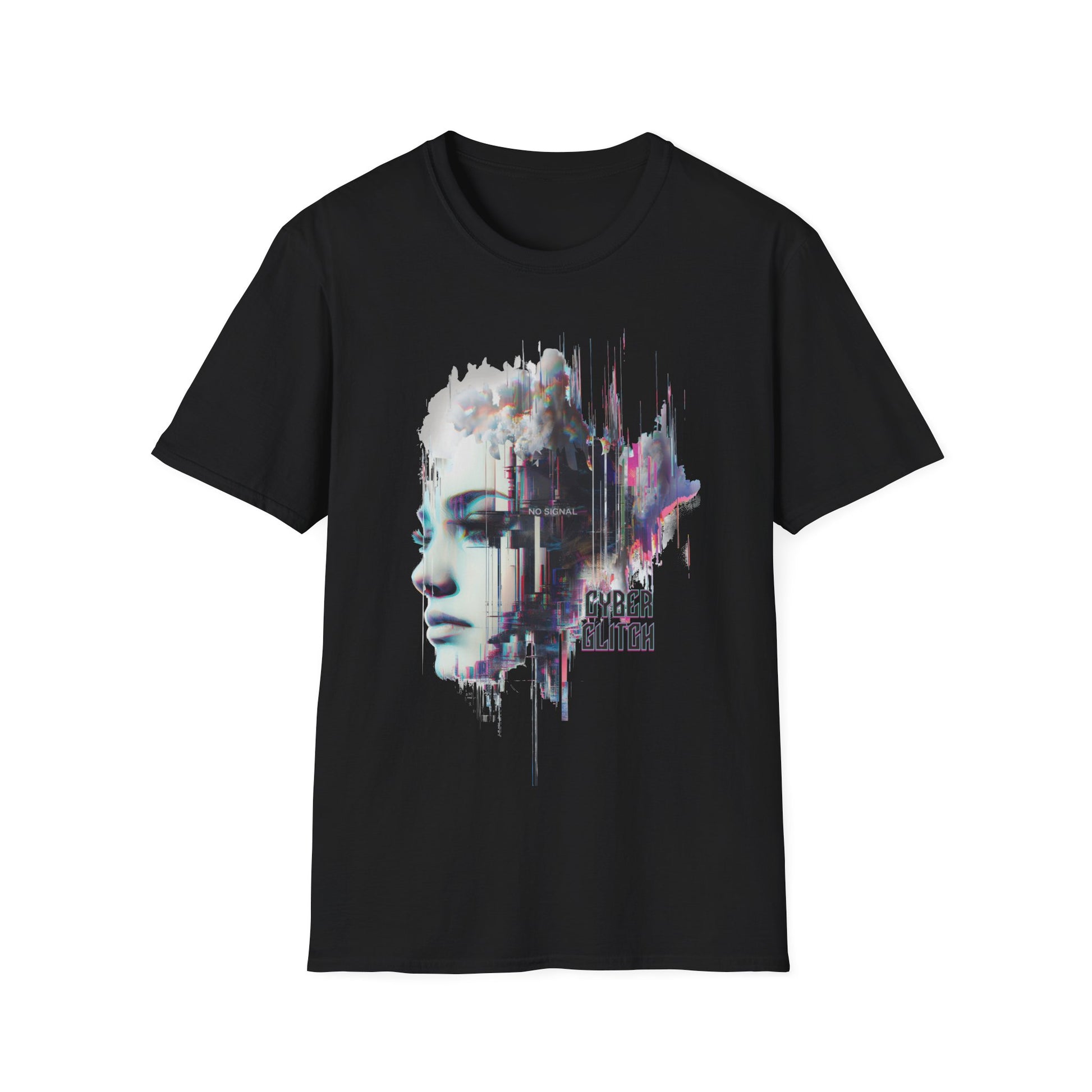 Black t-shirt with a graphic design featuring a face and 'Cyber Glitch' text on a white background