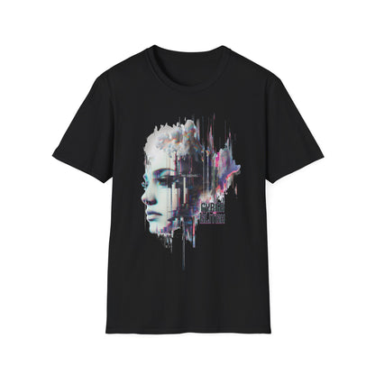 Black t-shirt with a graphic design featuring a face and 'Cyber Glitch' text on a white background