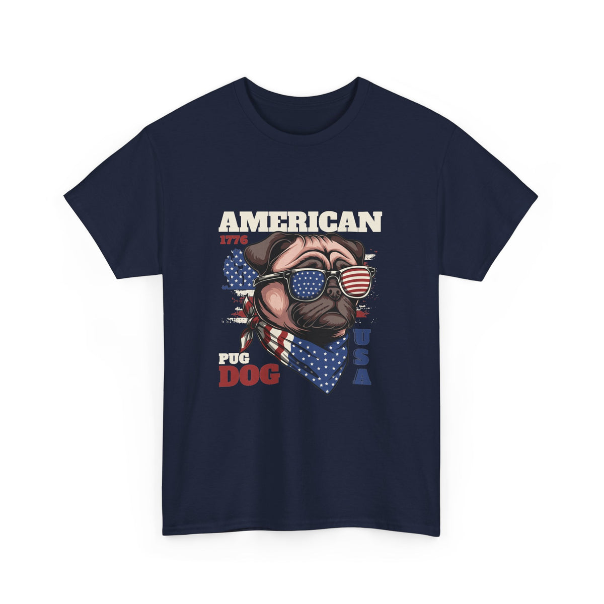 A navy blue short-sleeve crewneck t-shirt featuring a patriotic graphic of a pug dog wearing sunglasses with an American flag pattern and a red, white, and blue bandana. The graphic includes the text 'AMERICAN 1776' and 'PUG DOG USA'.