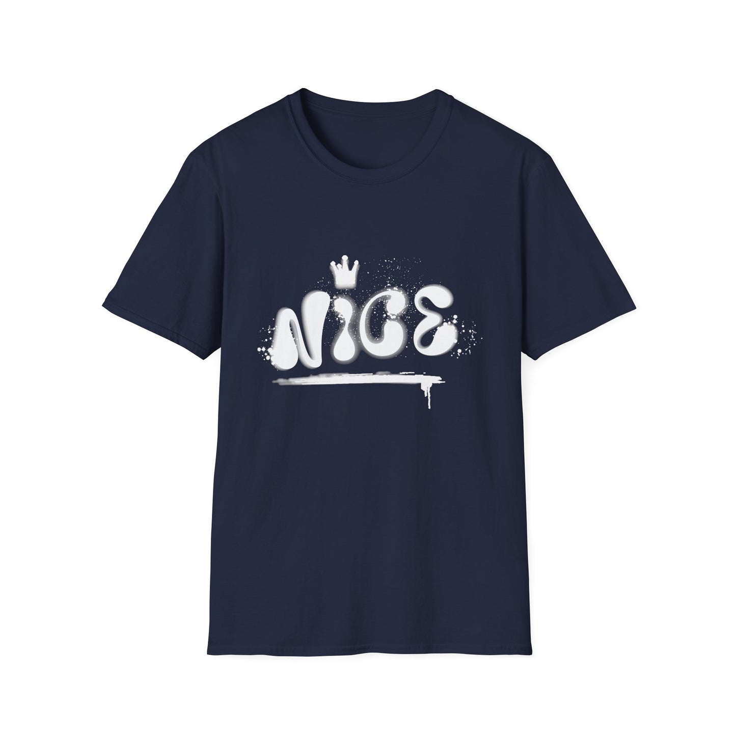 Navy blue hip hop t-shirt with 'NICE' spray painted on the front.