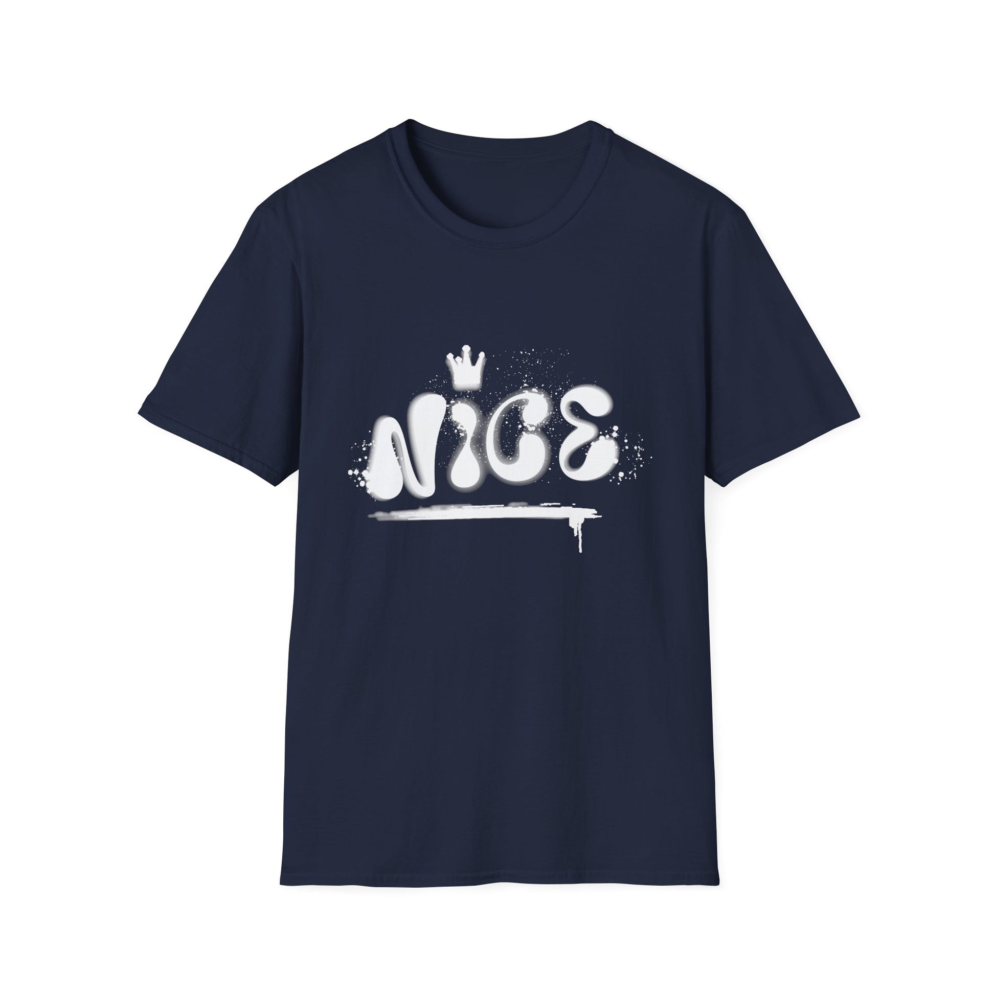 Navy blue hip hop t-shirt with 'NICE' spray painted on the front.