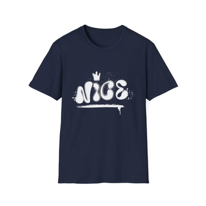 Navy blue hip hop t-shirt with 'NICE' spray painted on the front.