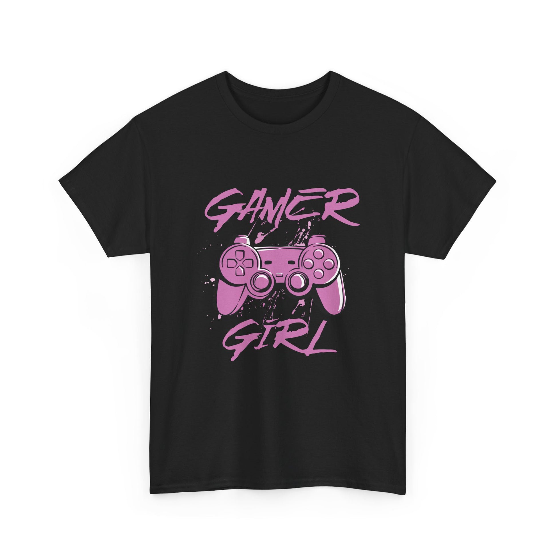 Black t-shirt with pink 'Gamer Girl' design featuring a gaming controller on a white background