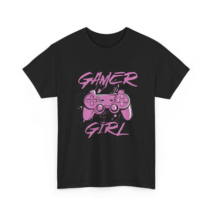 Black t-shirt with pink 'Gamer Girl' design featuring a gaming controller on a white background