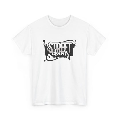 Trancegaze Street Dunk Basketball Tee in white. Urban streetwear graphic t-shirt featuring a stylized basketball player silhouette dunking next to bold graffiti-style text on a crisp white background.