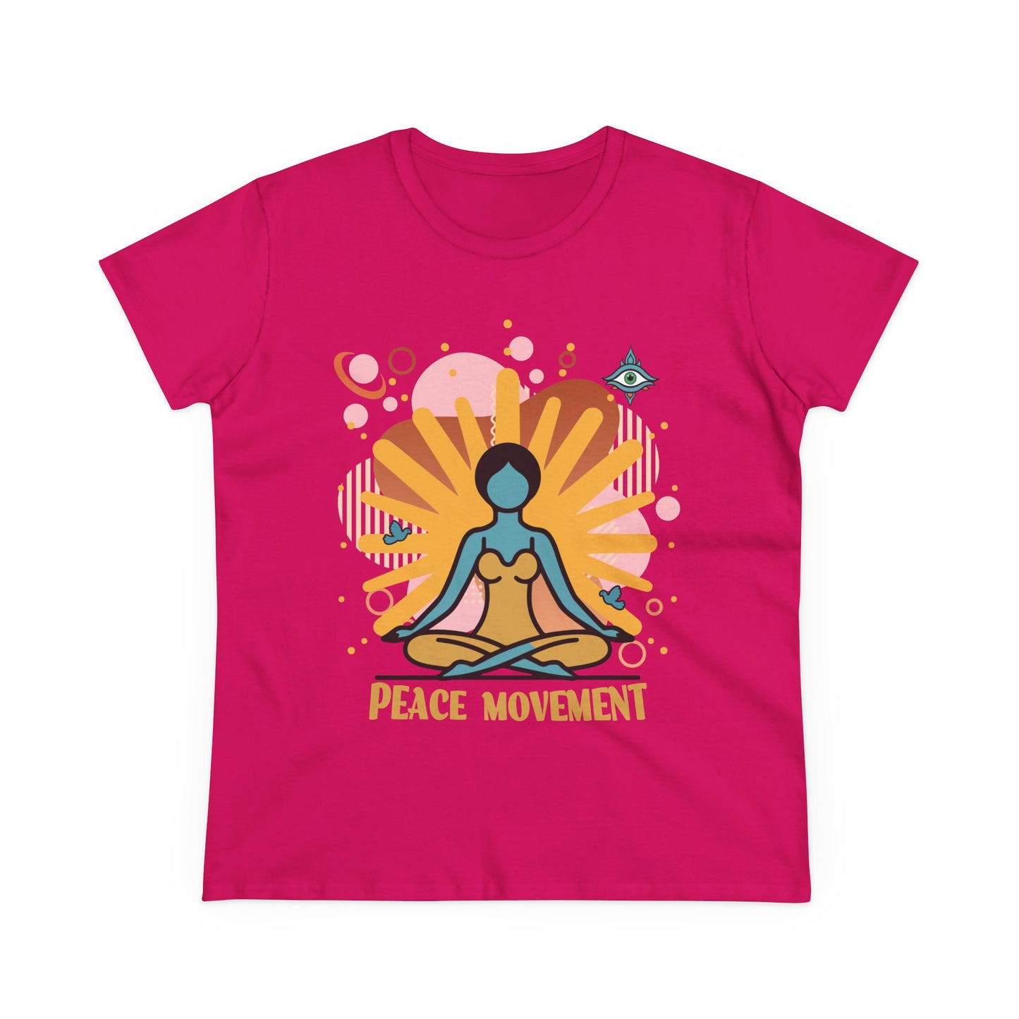 Hot pink Ladies t-shirt with a yoga graphic and text 'Peace Movement'.