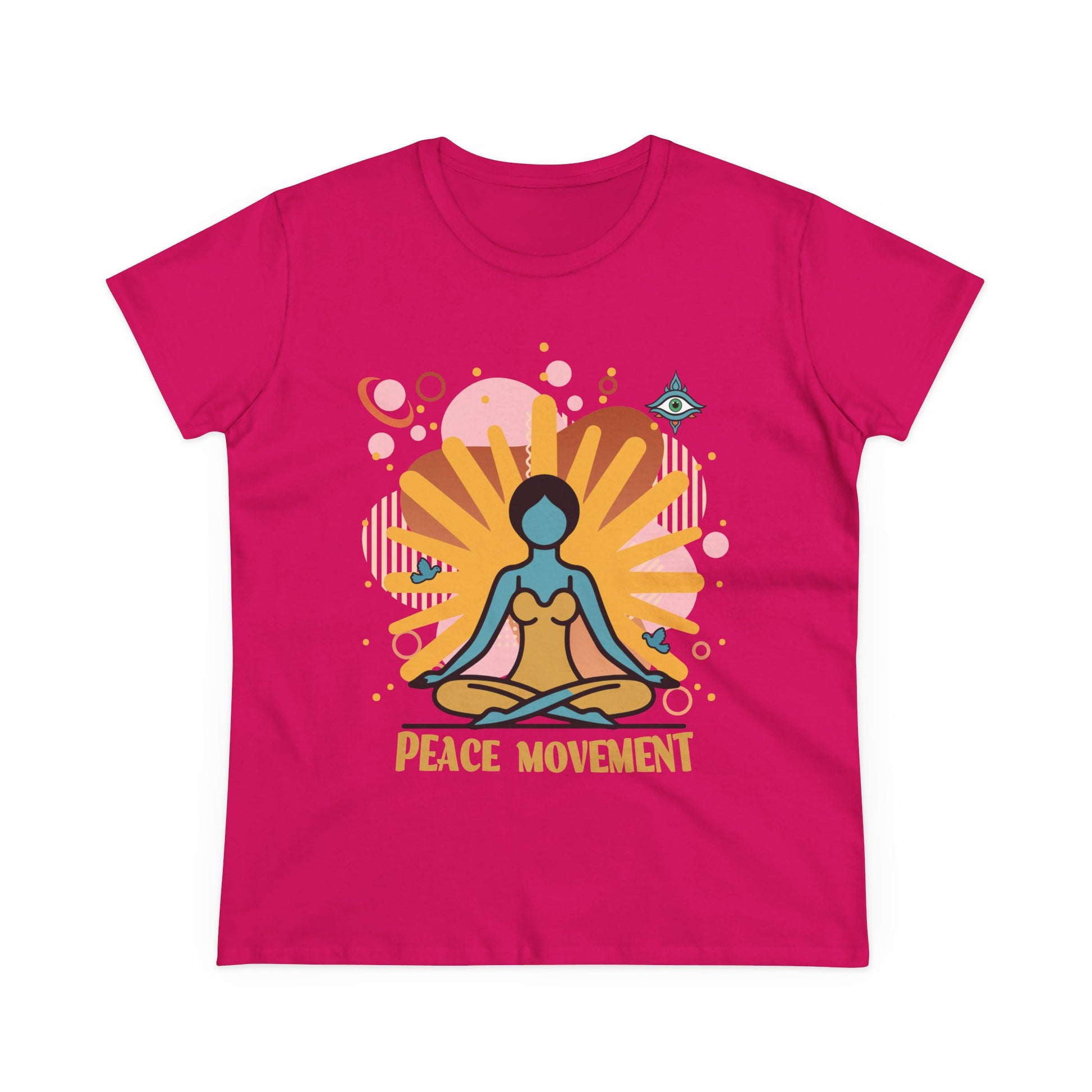 Hot pink Ladies t-shirt with a yoga graphic and text 'Peace Movement'.