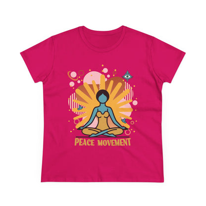 Hot pink Ladies t-shirt with a yoga graphic and text 'Peace Movement'.