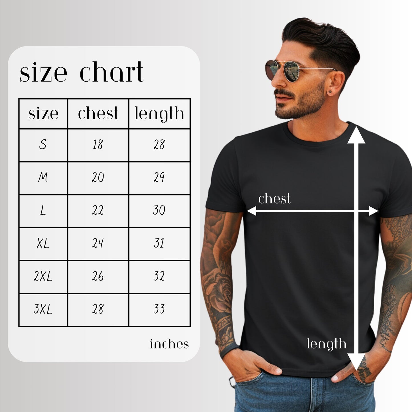 Man wearing a black t-shirt with a size chart on the side.