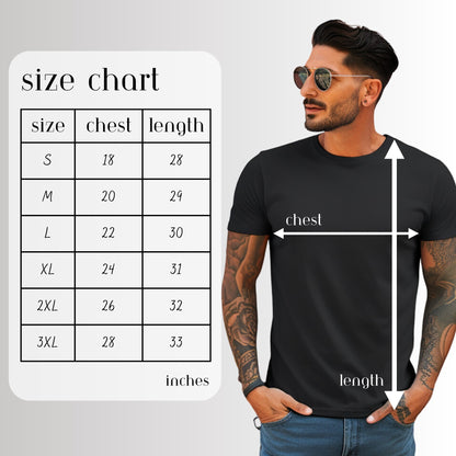 Man wearing a black t-shirt with a size chart on the side.