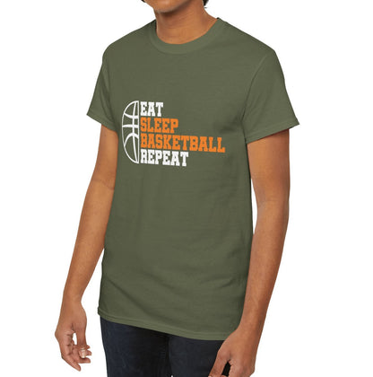 Person wearing a military green t-shirt with 'Eat Sleep Basketball Repeat' text design.