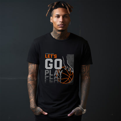Man wearing a black Trancegaze basketball graphic t-shirt with 'Let's Go Play t-shirt with a basketball design.