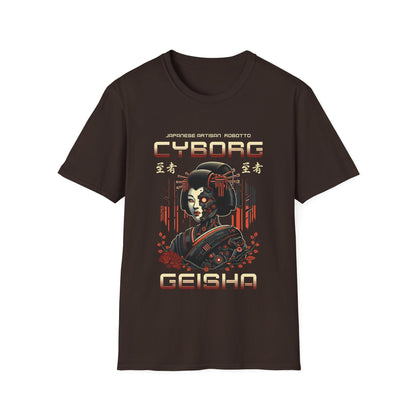 A brown t-shirt for men & women with a Japanese robot woman and text that reads  "Cyborg Geisha"