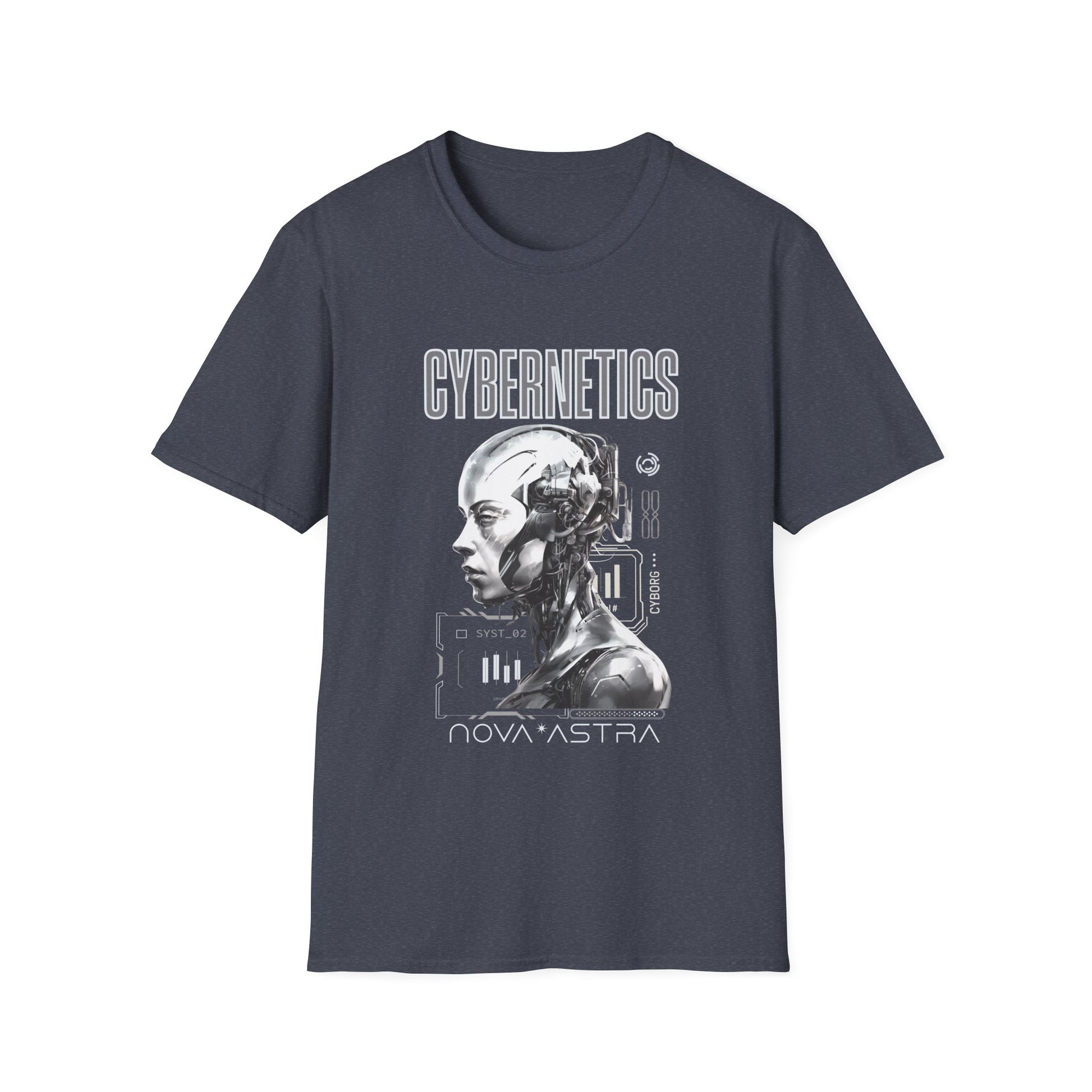 Gray t-shirt with a robot graphic and 'Cybernetics Nova Astra' text on a white background