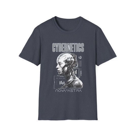 Gray t-shirt with a robot graphic and 'Cybernetics Nova Astra' text on a white background