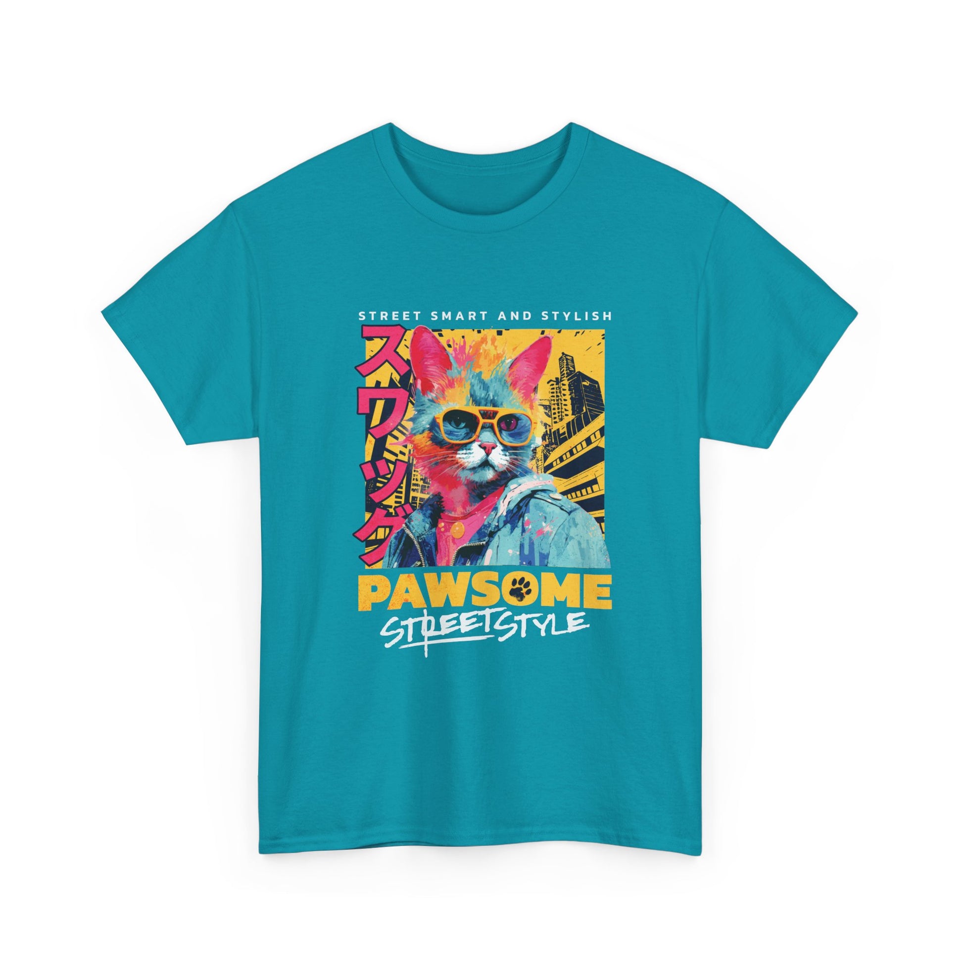 Turquoise t-shirt with a colorful graphic of a cat wearing sunglasses and text on a white background