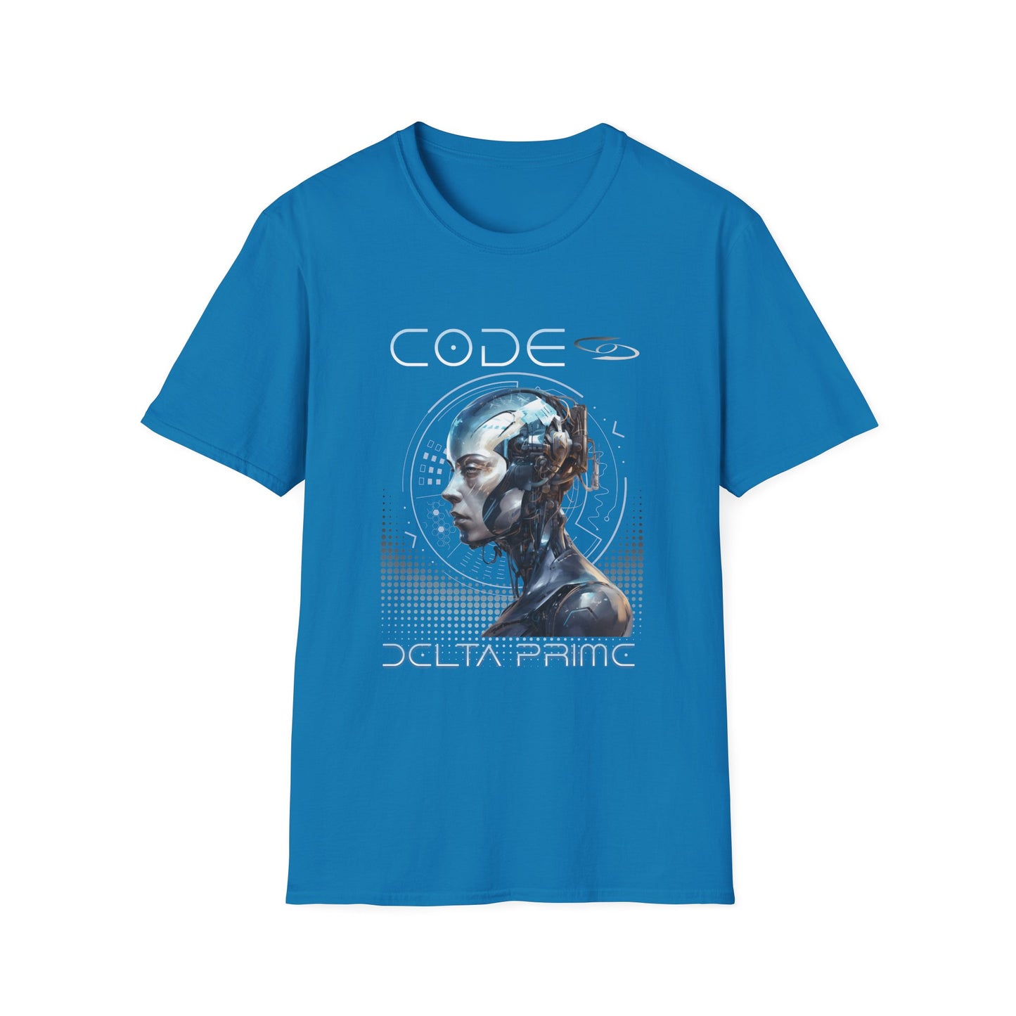A sky blue t-shirt with 'CODE' and 'DELTA PRIME' text with a cyborg woman graphic design. 