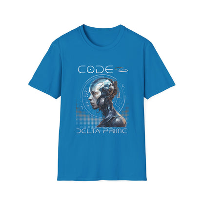 A sky blue t-shirt with 'CODE' and 'DELTA PRIME' text with a cyborg woman graphic design. 