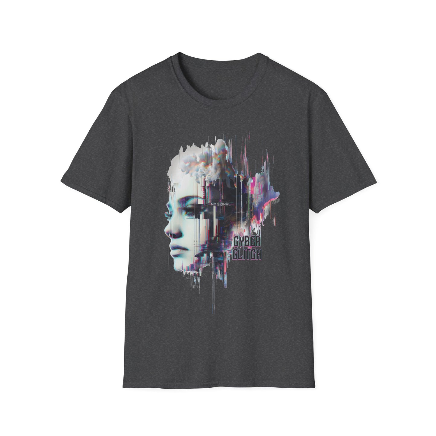 Dark Heather t-shirt with a graphic design featuring a face and 'Cyber Glitch' text on a white background