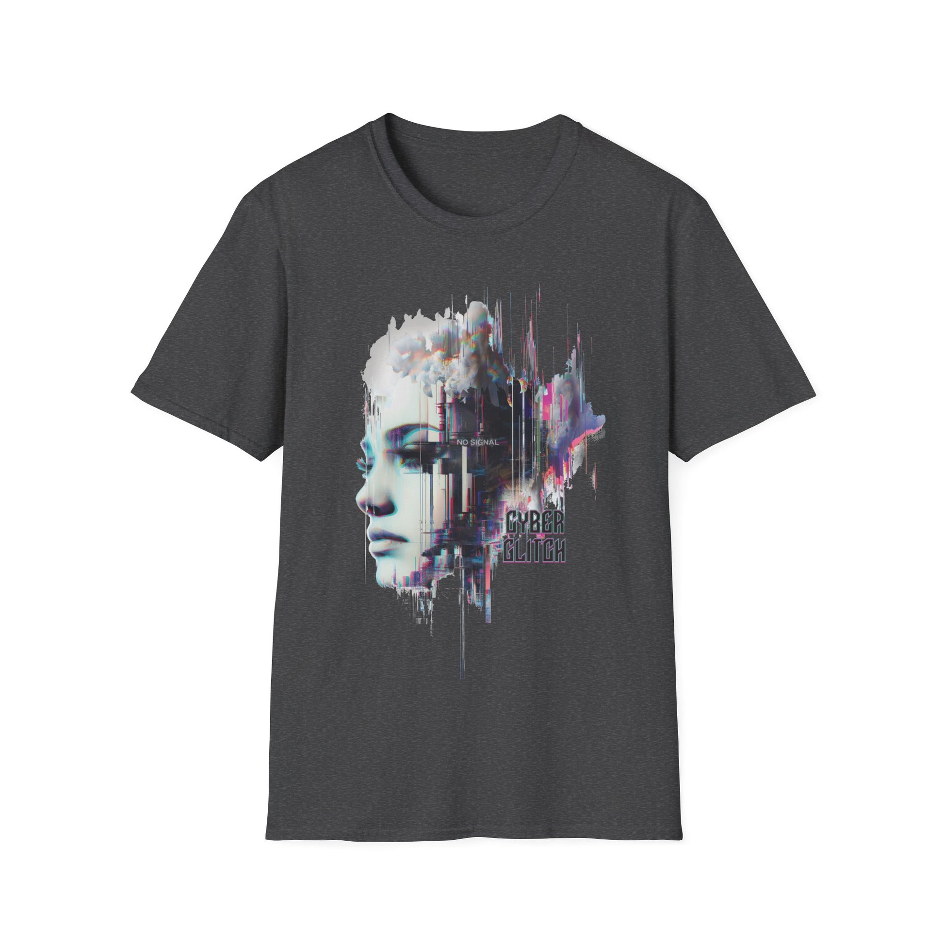 Dark Heather t-shirt with a graphic design featuring a face and 'Cyber Glitch' text on a white background