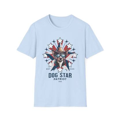 Light blue t-shirt with a graphic of a dog wearing a cowboy hat and sunglasses, with 'Dog Star Patriot USA' text on a white background.