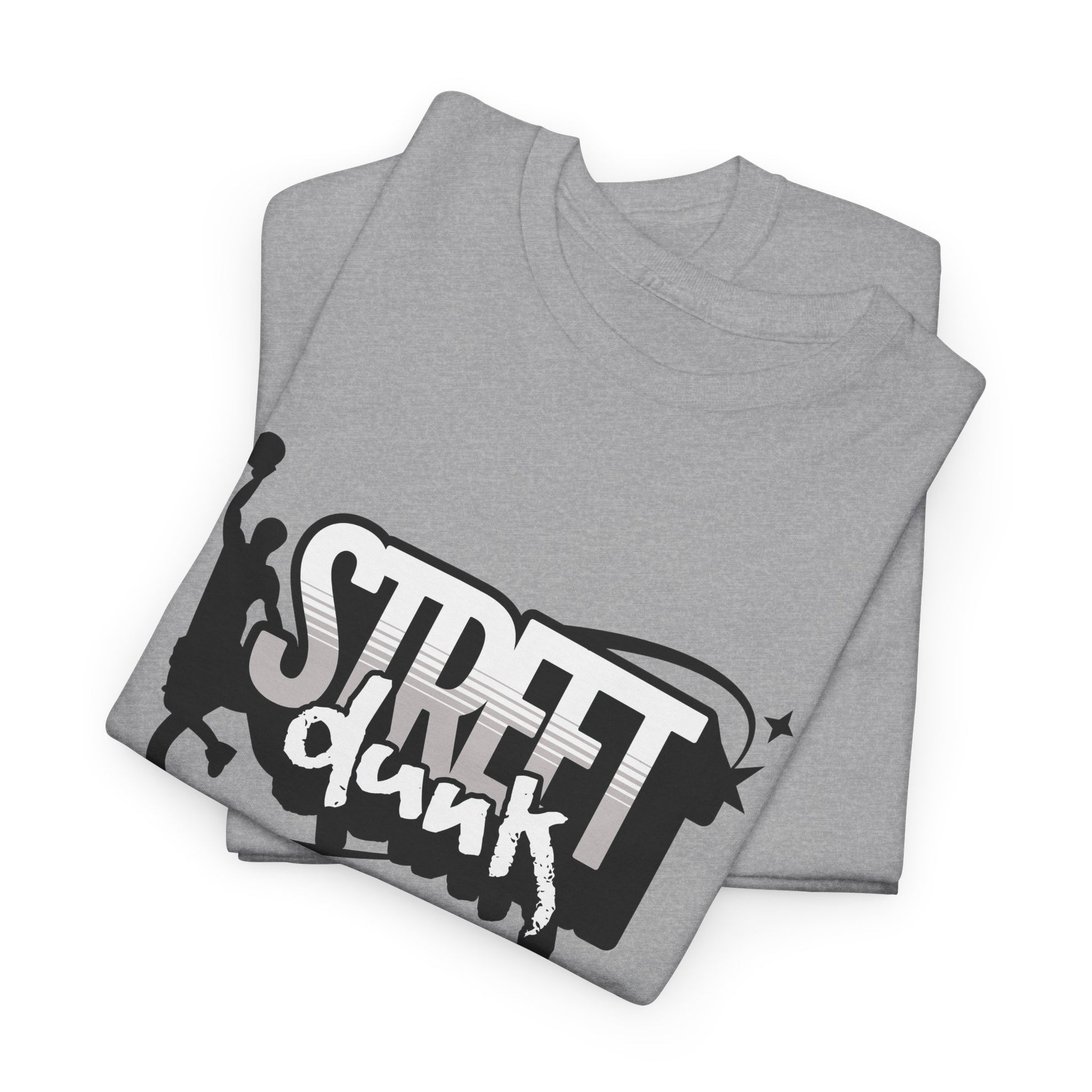 A folded sport grey t-shirt with 'Street Dunk' text.