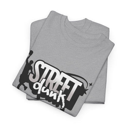 A folded sport grey t-shirt with 'Street Dunk' text.