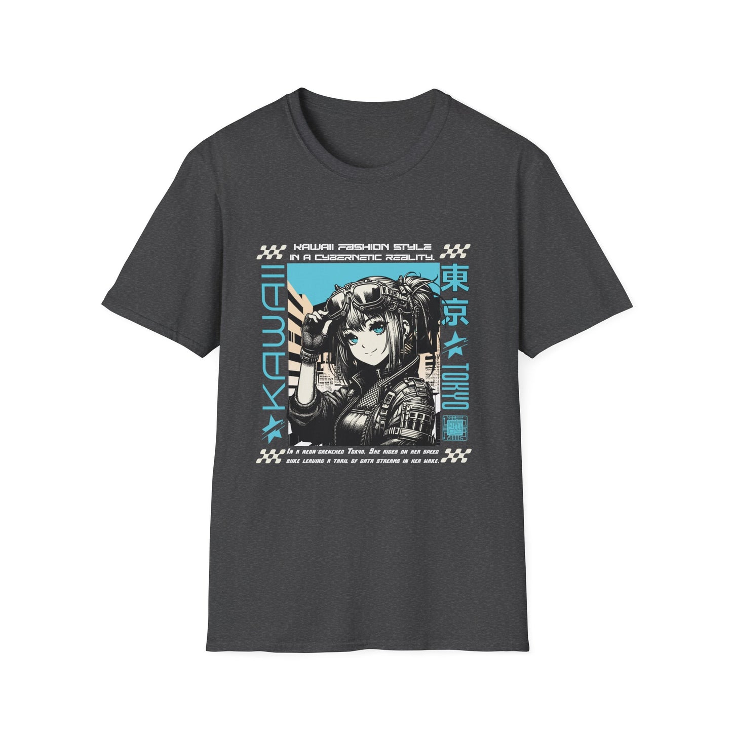 A dark heather gray streetwear t-shirt featuring a central anime-style graphic of a character with goggles in a futuristic setting. The design is framed by technical borders and vertical text that reads 'KAWAII' on the left and 'TOKYO' with Japanese kanji on the right. Additional phrases like 'KAWAII FASHION STYLE IN A CYBERNETIC REALITY' are printed in a small, futuristic font.