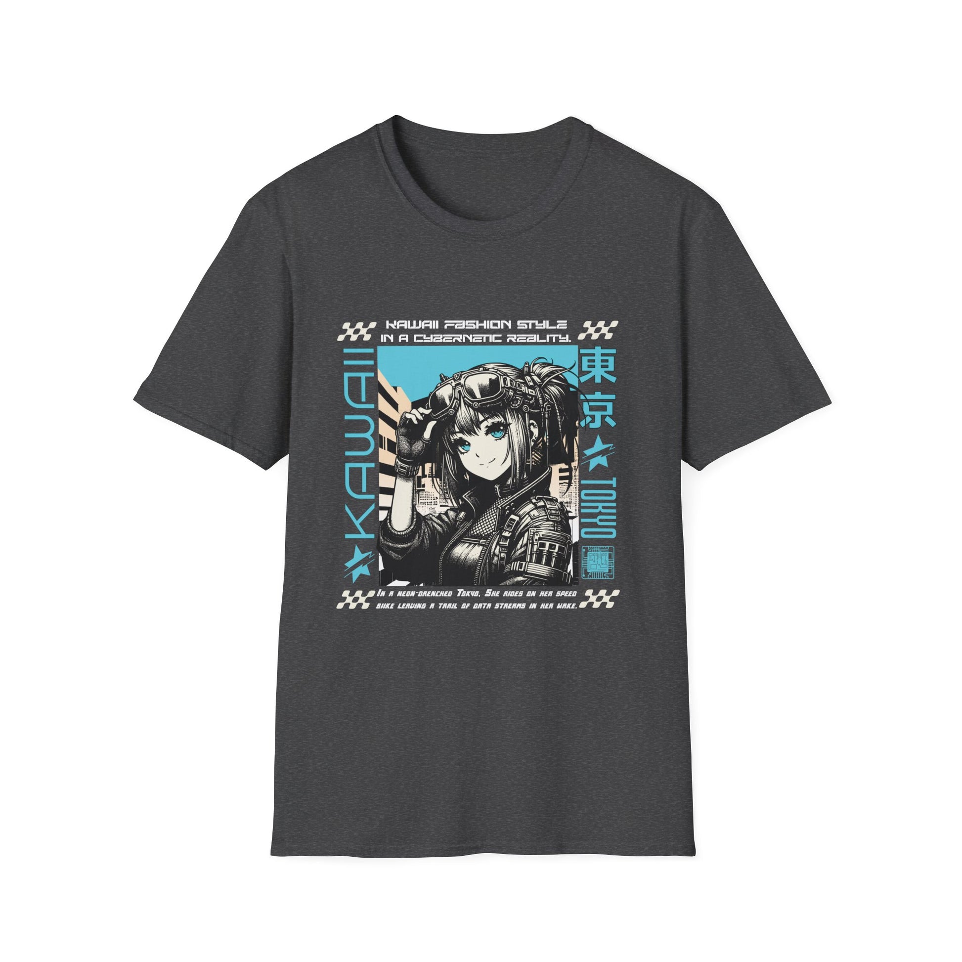 A dark heather gray streetwear t-shirt featuring a central anime-style graphic of a character with goggles in a futuristic setting. The design is framed by technical borders and vertical text that reads 'KAWAII' on the left and 'TOKYO' with Japanese kanji on the right. Additional phrases like 'KAWAII FASHION STYLE IN A CYBERNETIC REALITY' are printed in a small, futuristic font.