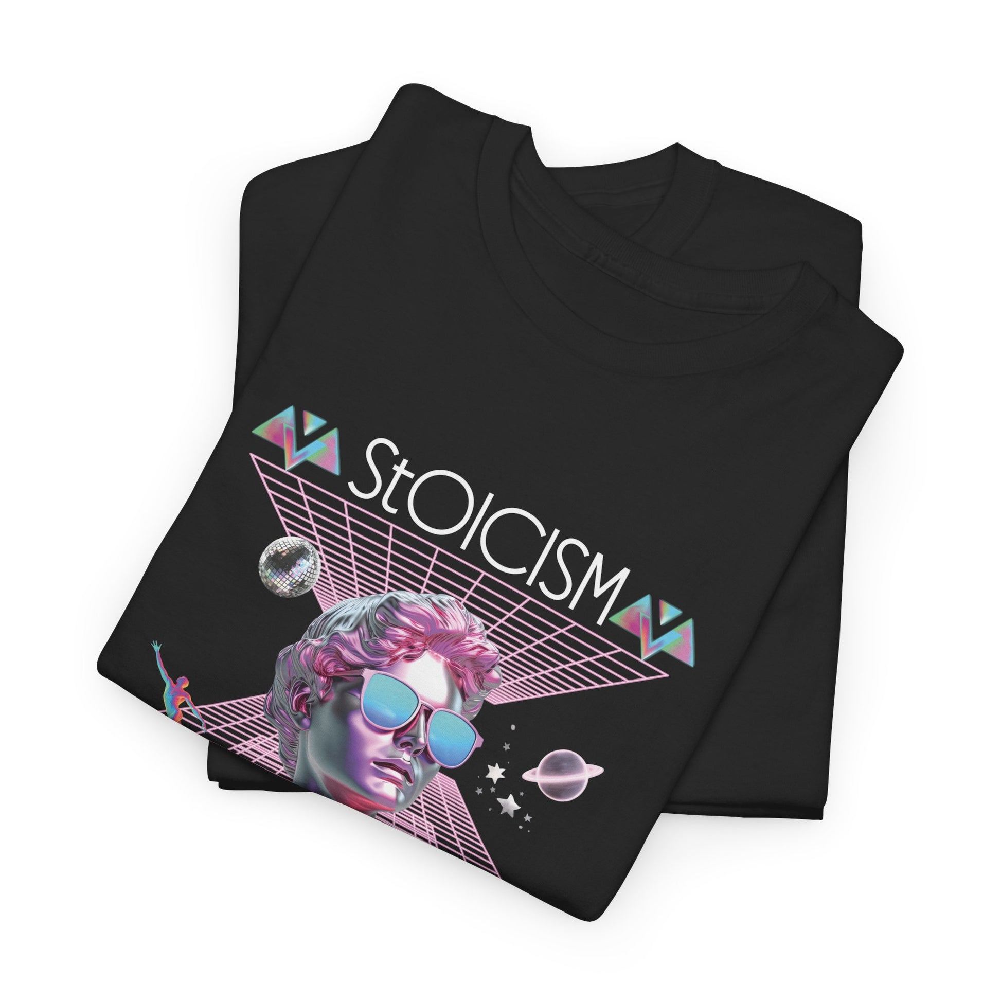 A folded Black t-shirt with a graphic design featuring a pink metallic bust in a futuristic, celestial scene  with the text 'Stoicism School of Philosophy' .