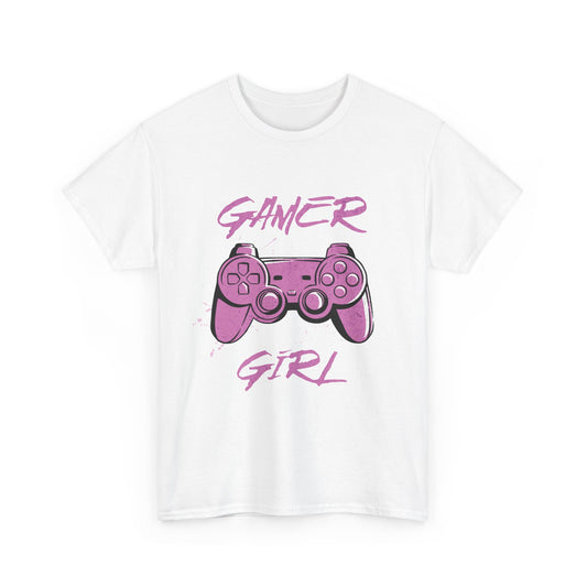 A white graphic t-shirt with the text 'GAMER GIRL' and an illustration of a video game controller in pink colors.