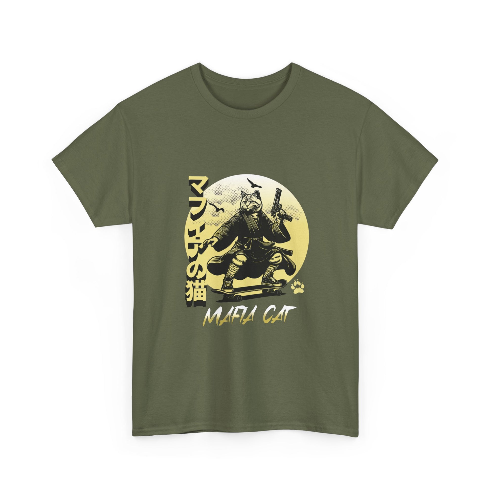 Military Green t-shirt with a graphic design of a cat in a samurai outfit and text on a white background