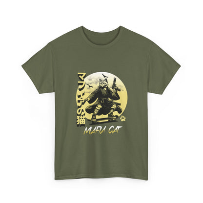 Military Green t-shirt with a graphic design of a cat in a samurai outfit and text on a white background