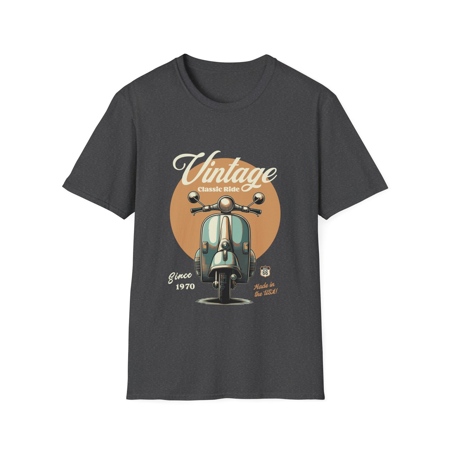 Dark gray t-shirt with vintage scooter graphic and text on a white background