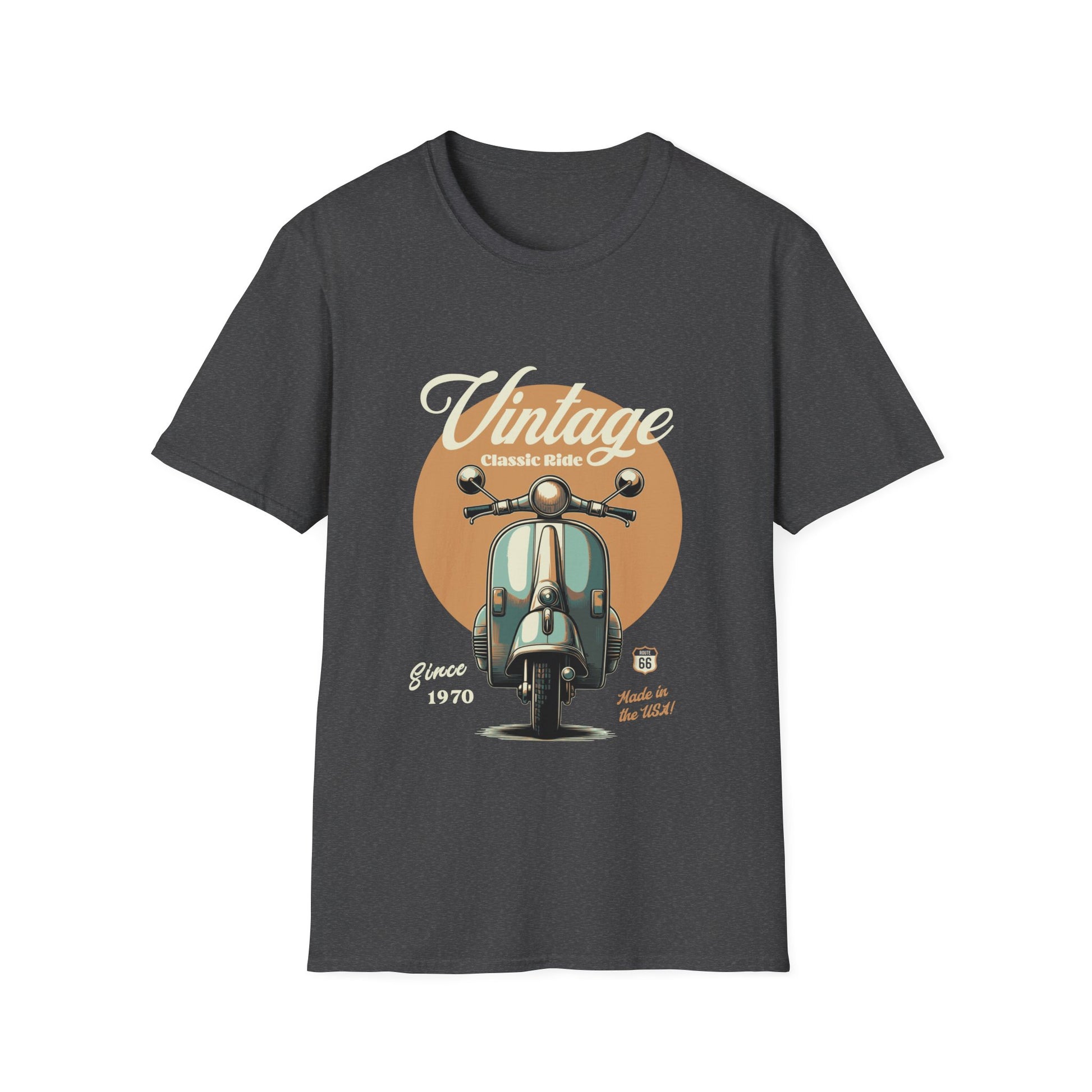 Dark gray t-shirt with vintage scooter graphic and text on a white background