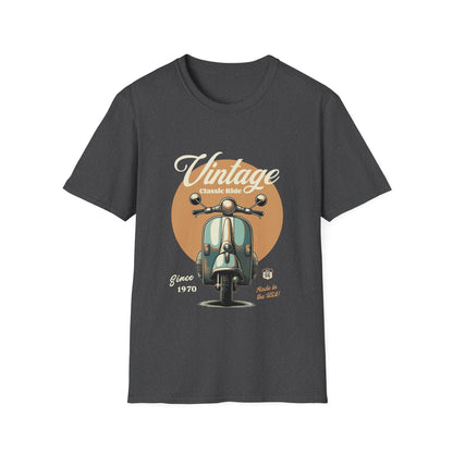 Dark gray t-shirt with vintage scooter graphic and text on a white background