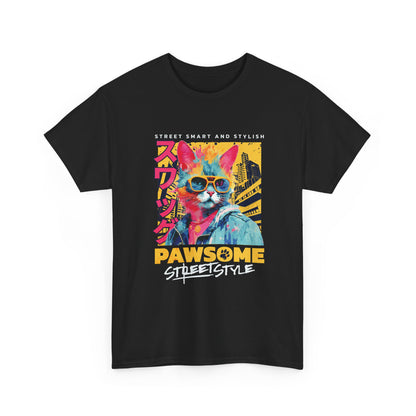 Black t-shirt with a colorful graphic of a dog wearing sunglasses and text on a white background