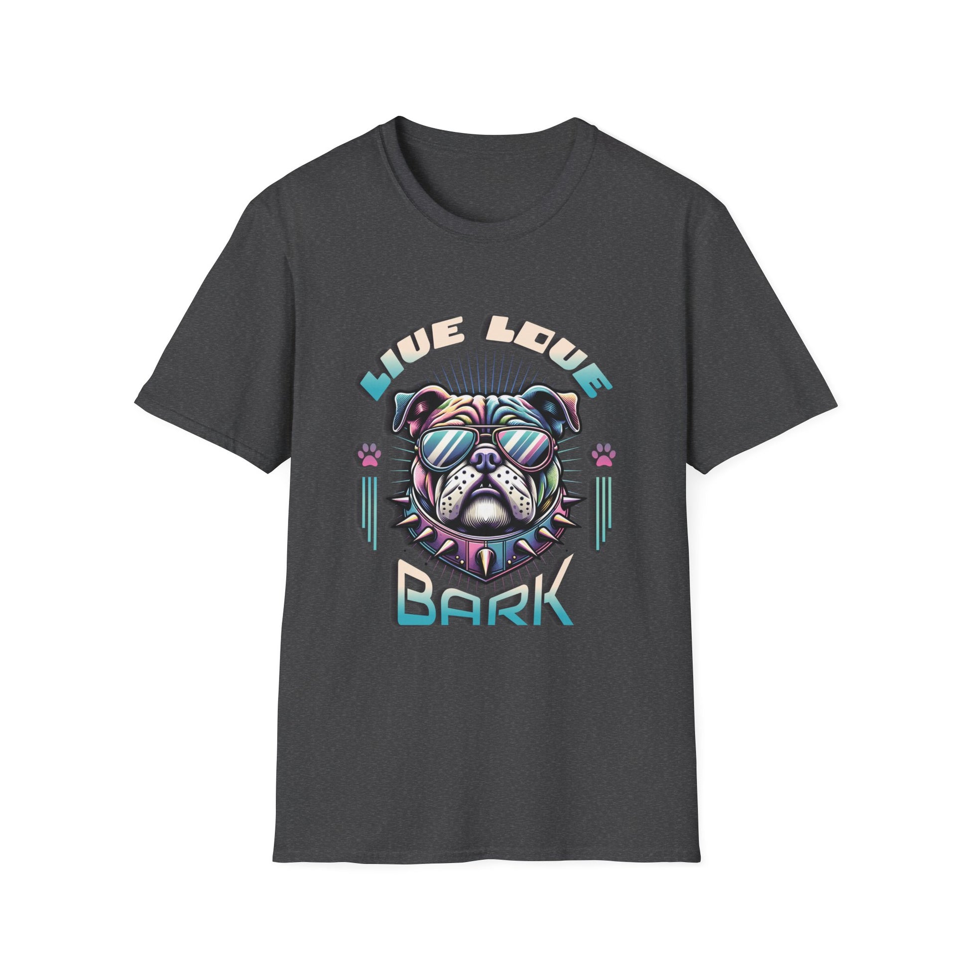 Heather grey t-shirt with bulldog graphic "Live, Love, Bark" text.
