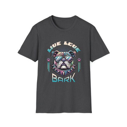 Heather grey t-shirt with bulldog graphic "Live, Love, Bark" text.