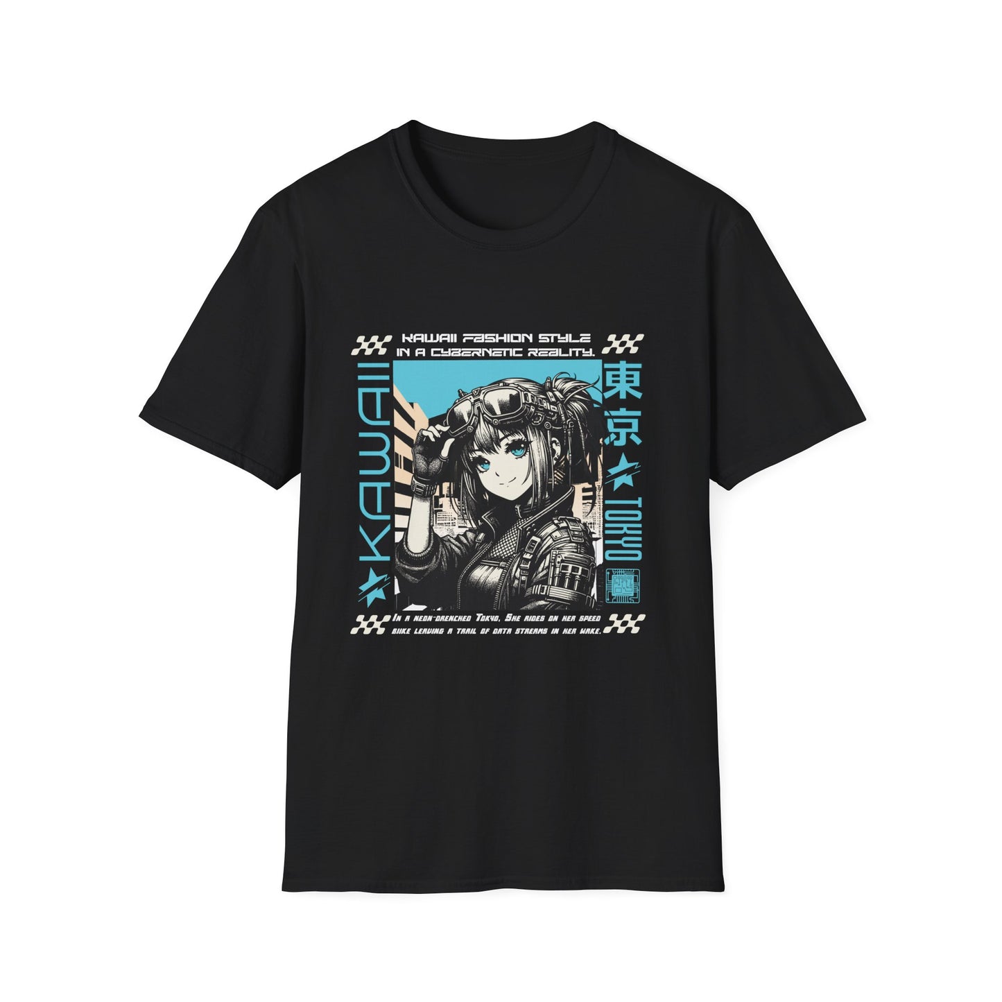 A black streetwear t-shirt featuring a central anime-style graphic of a character with goggles in a futuristic setting. The design is framed by technical borders and vertical text that reads 'KAWAII' on the left and 'TOKYO' with Japanese kanji on the right. Additional phrases like 'KAWAII FASHION STYLE IN A CYBERNETIC REALITY' are printed in a small, futuristic font.