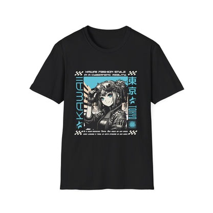A black streetwear t-shirt featuring a central anime-style graphic of a character with goggles in a futuristic setting. The design is framed by technical borders and vertical text that reads 'KAWAII' on the left and 'TOKYO' with Japanese kanji on the right. Additional phrases like 'KAWAII FASHION STYLE IN A CYBERNETIC REALITY' are printed in a small, futuristic font.