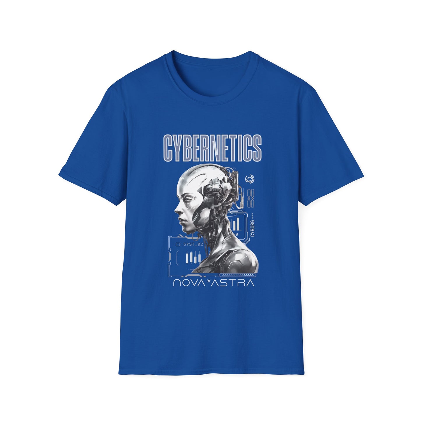 Blue t-shirt with a cybernetics graphic design on a white background