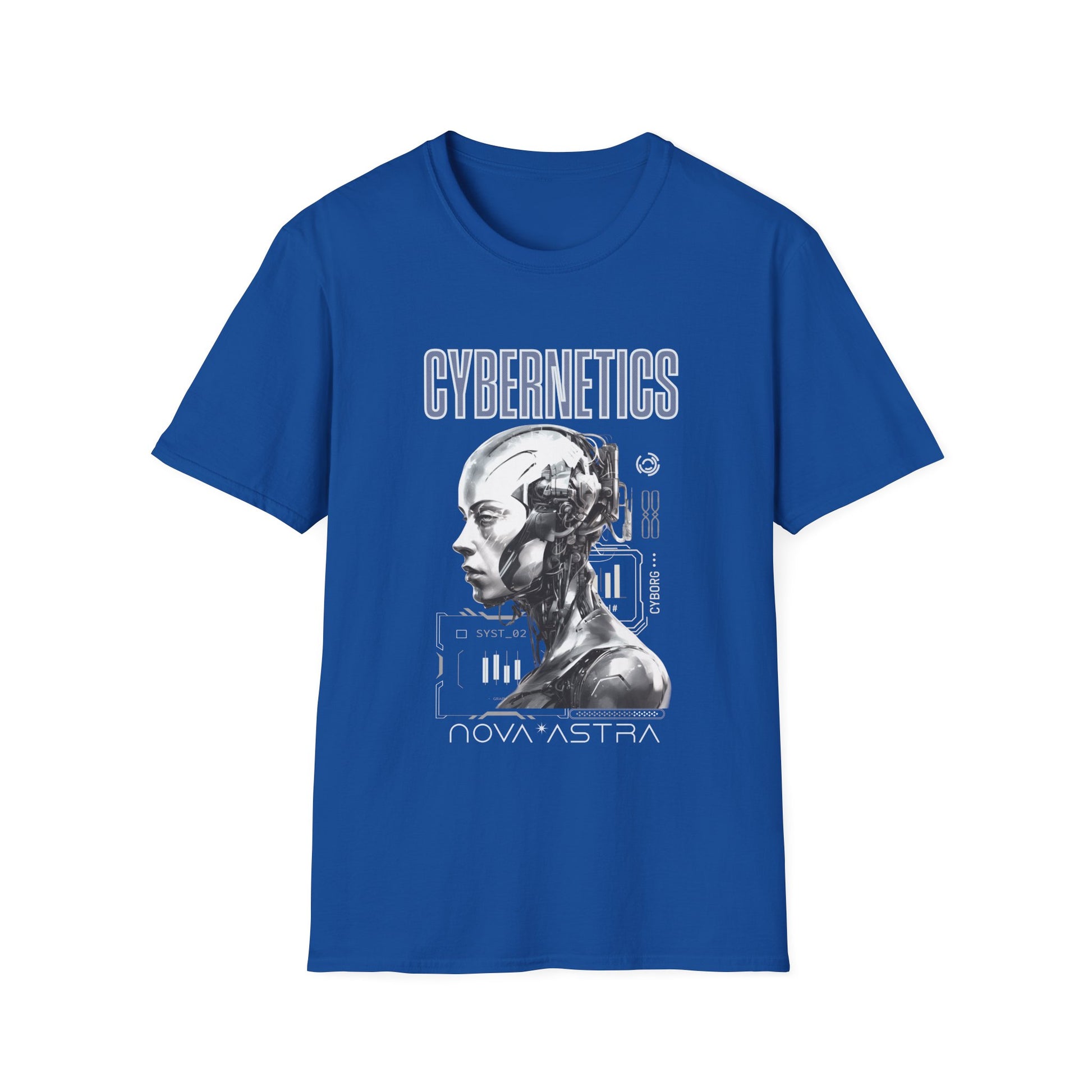 Blue t-shirt with a cybernetics graphic design on a white background