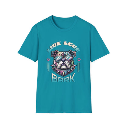Turquois blue t-shirt with bulldog graphic "Live, Love, Bark" text.