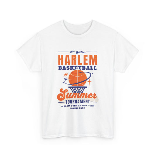 a white t-shirt with Harlem Basketball Summer Tournament design 