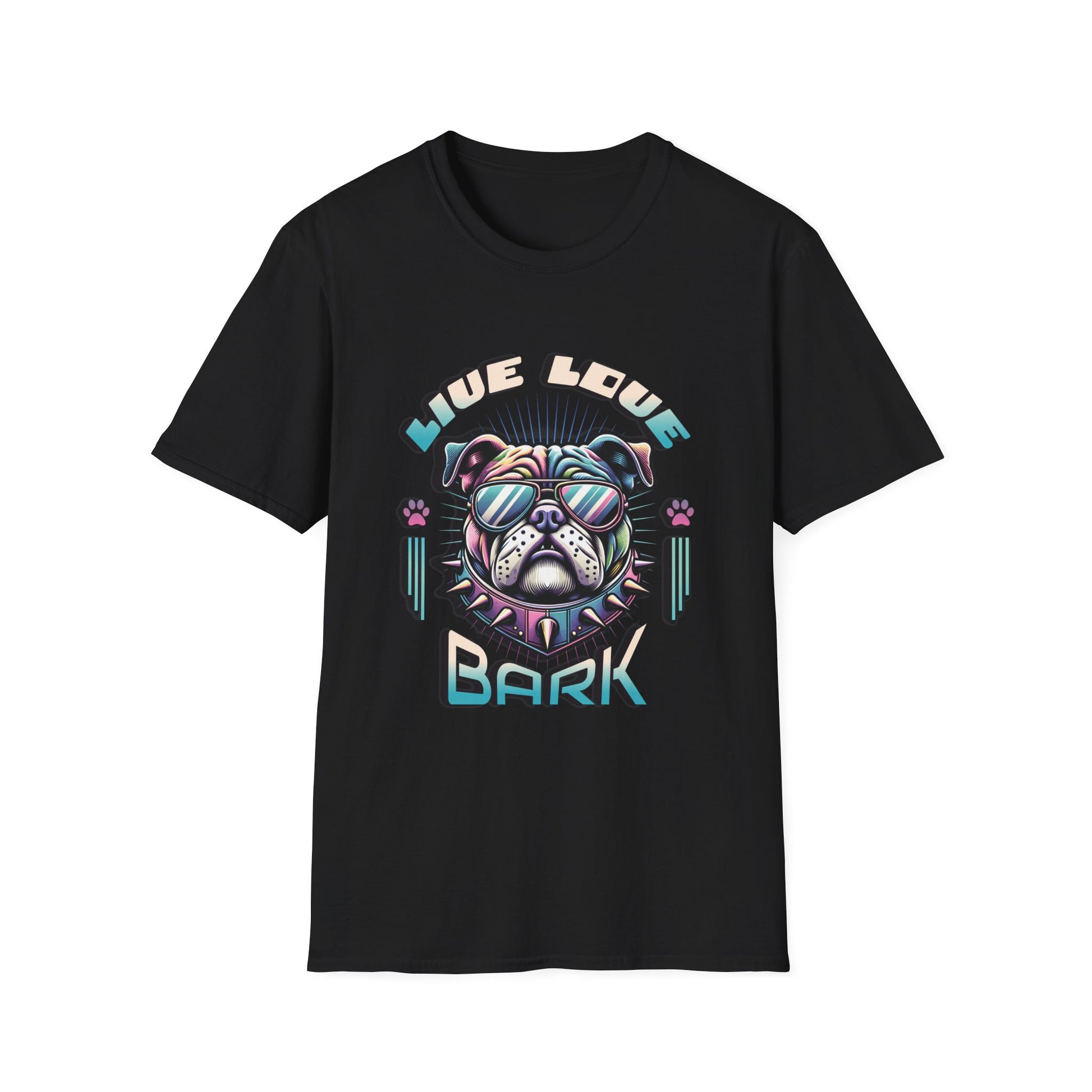 Black t-shirt with bulldog graphic "Live, Love, Bark" text.