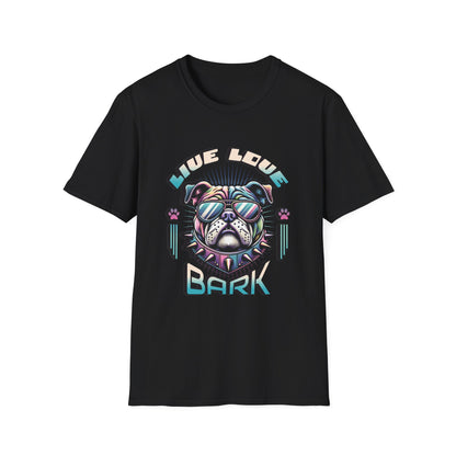 Black t-shirt with bulldog graphic "Live, Love, Bark" text.